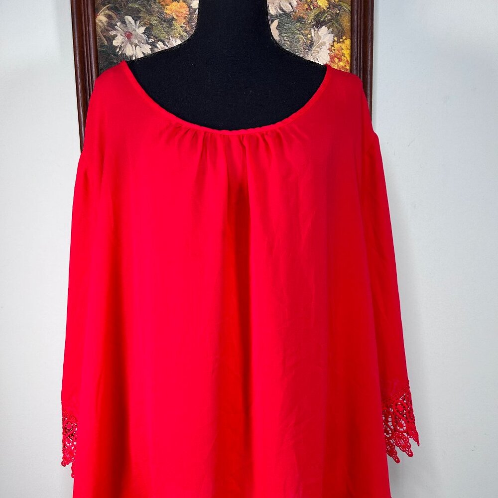 Unique Spectrum Blouse Top Women's 3X Boat Neck 3/4 Sleeve Red Lace Hem Casual - Picture 4 of 13